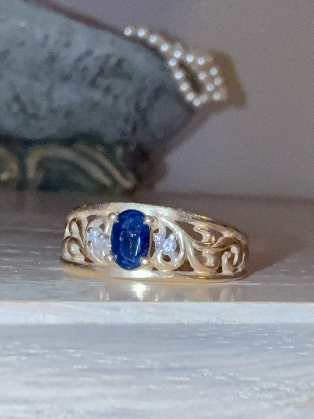 14k Solid Gold Filigree Ring with Blue Sapphire and Diamond Accents (4g)